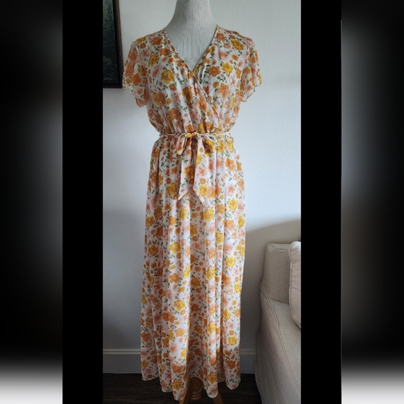Falling Flower Dresses & Skirts - #77 Falling Flower Women's Yellow Orange Floral Flower Maxi Dress Size XL